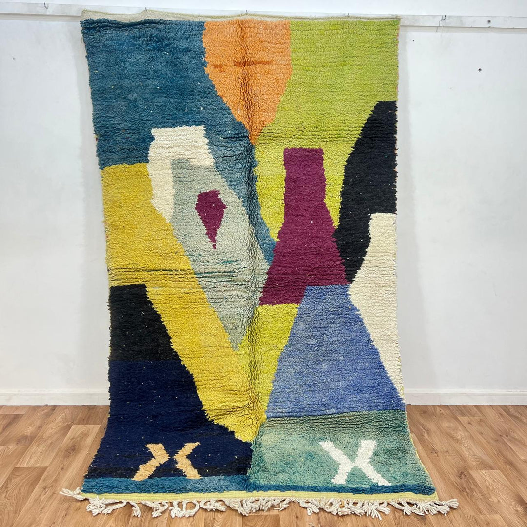 Vintage Moroccan wool rug with abstract color blocks in blue, mustard, sage, burgundy and ivory, handwoven Berber rug 248x146 cm