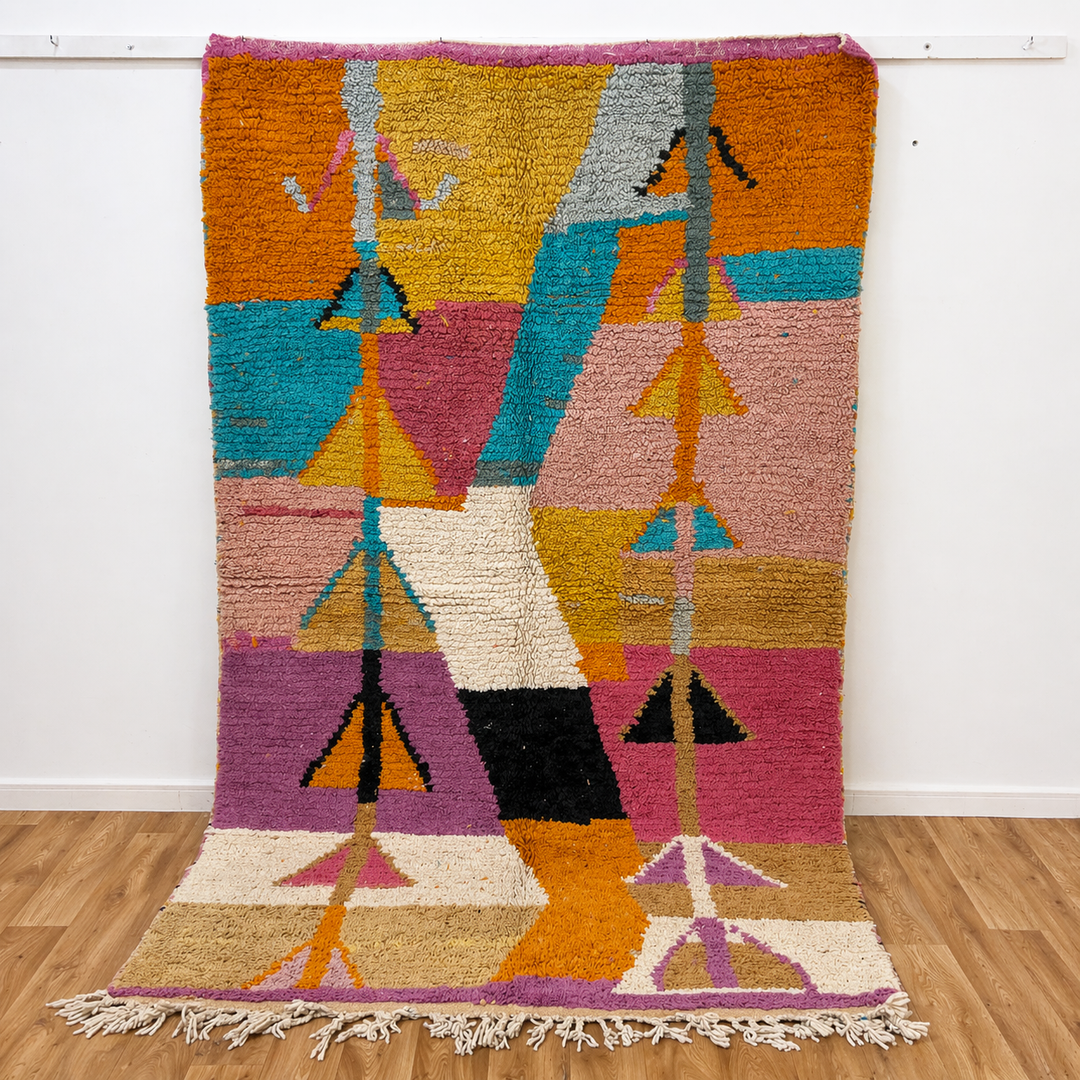 Vintage Moroccan wool rug 8.82x8.79 ft, handmade Berber rug with abstract geometric pattern, colorful shag Moroccan carpet in yellow, pink, turquoise and black tones