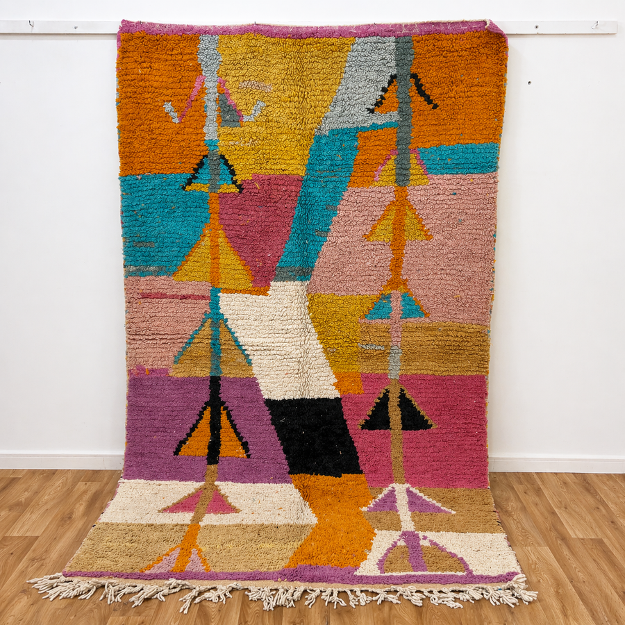 Vintage Moroccan wool rug 8.82x8.79 ft, handmade Berber rug with abstract geometric pattern, colorful shag Moroccan carpet in yellow, pink, turquoise and black tones