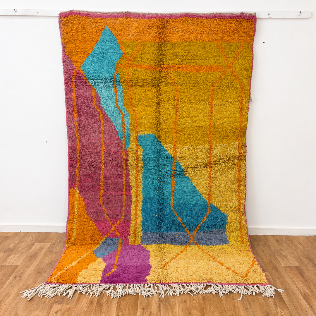 Vintage Moroccan wool rug 7.35x5.41 ft, handmade Berber shag rug with abstract geometric design in mustard yellow, pink and turquoise tones