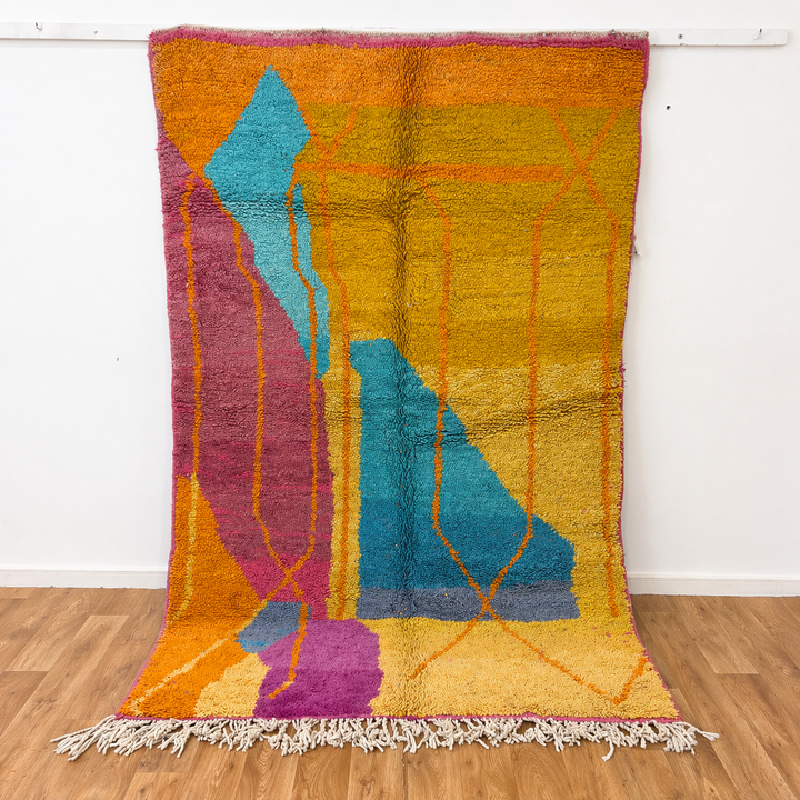 Vintage Moroccan wool rug 7.35x5.41 ft, handmade Berber shag rug with abstract geometric design in mustard yellow, pink and turquoise tones