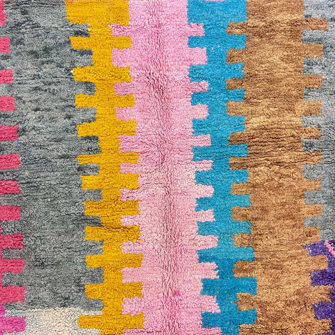 Vintage Moroccan wool rug with abstract geometric design in pink, beige, teal and mustard, handmade Berber carpet from Morocco, size 275x154 cm