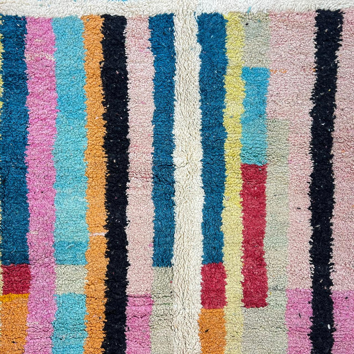 Vintage Moroccan wool rug with colorful vertical stripes and geometric Berber pattern, handmade in Morocco, size 253 x 155 cm.