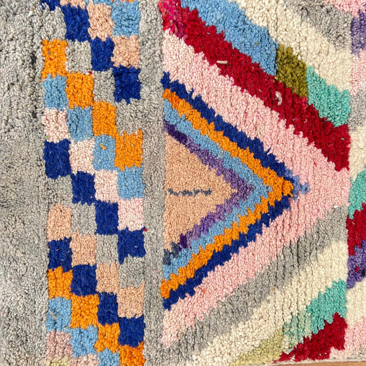 Vintage Moroccan wool runner rug with colorful Berber diamond and zigzag geometric patterns, handmade in Morocco, 383x82 cm
