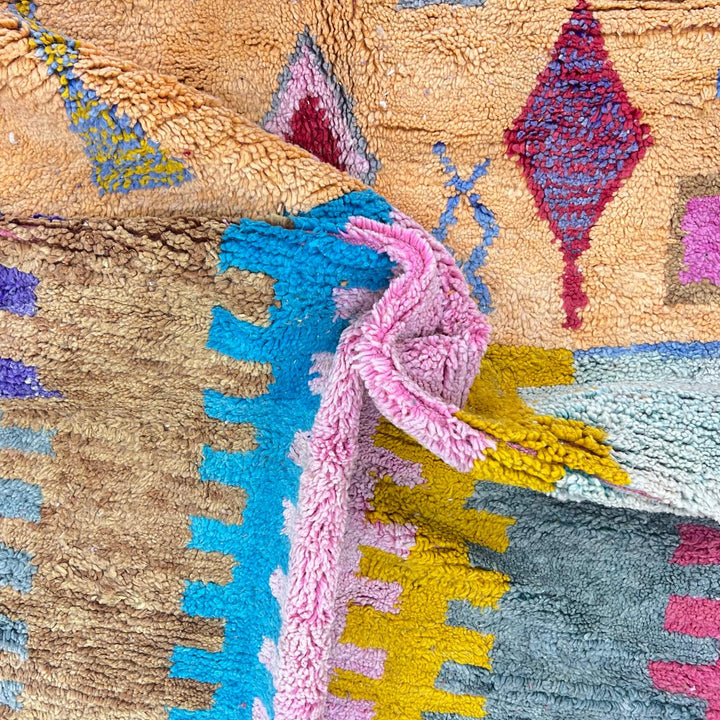 Vintage Moroccan wool rug with abstract geometric design in pink, beige, teal and mustard, handmade Berber carpet from Morocco, size 275x154 cm