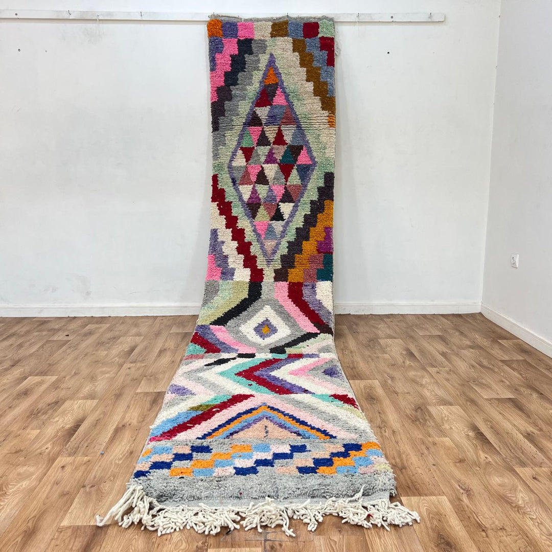 Vintage Moroccan wool runner rug with colorful Berber diamond and zigzag geometric patterns, handmade in Morocco, 383x82 cm