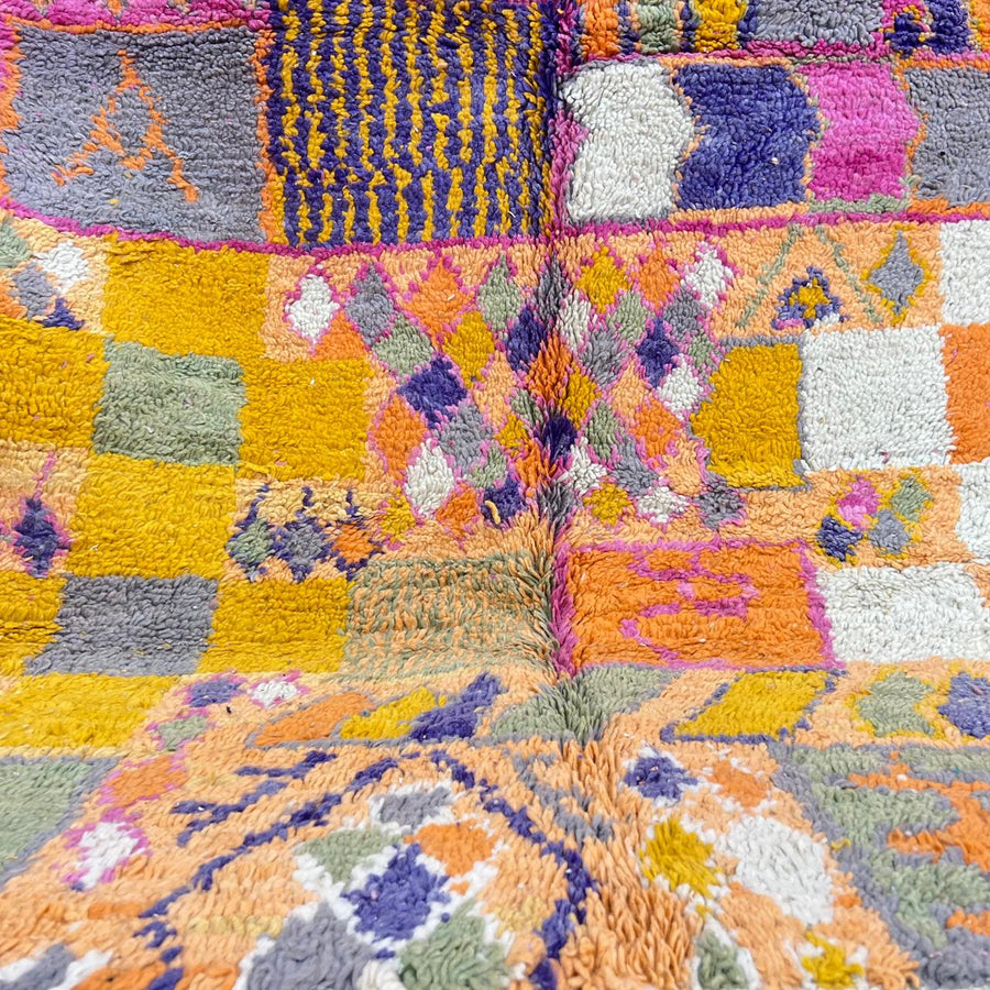 Vintage Moroccan Berber color-block rug in pink mustard and orange wool, handmade in Morocco