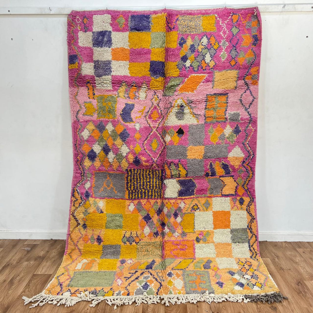 Vintage Moroccan Berber color-block rug in pink mustard and orange wool, handmade in Morocco