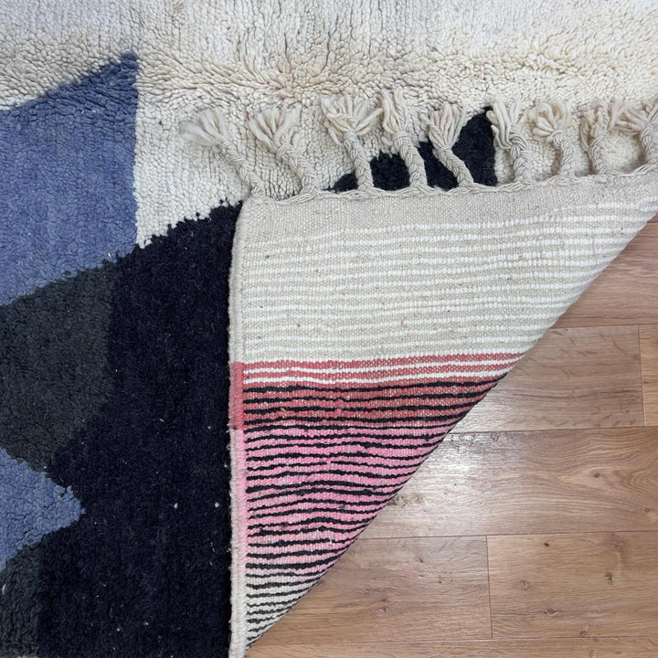 Vintage Moroccan wool rug with abstract geometric blocks in beige, dusty pink, charcoal, and burgundy tones, handmade Berber rug