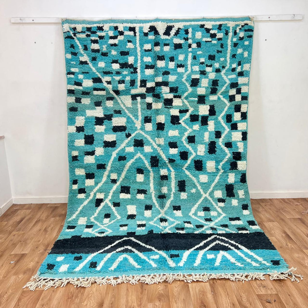 Vintage Moroccan wool rug in turquoise blue with black and ivory Berber geometric patterns
