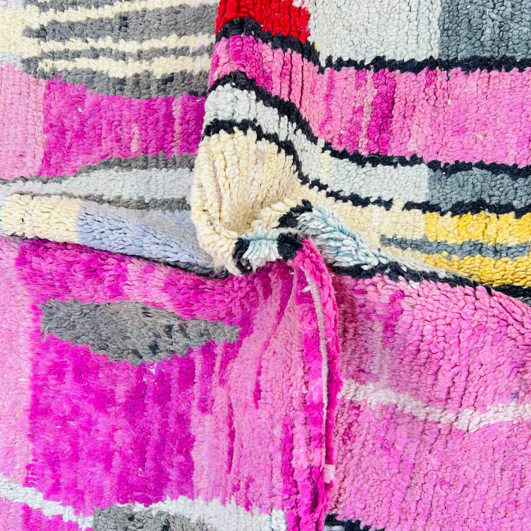 Vintage Moroccan wool rug in pink with abstract Berber pattern, handmade in Morocco, 249 x 156 cm