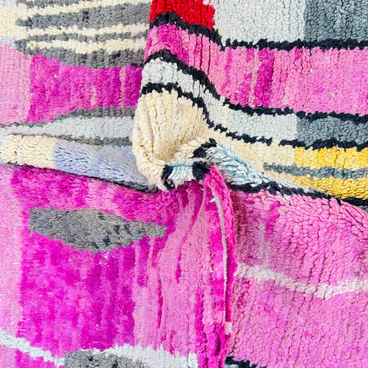 Vintage Moroccan wool rug in pink with abstract Berber pattern, handmade in Morocco, 249 x 156 cm