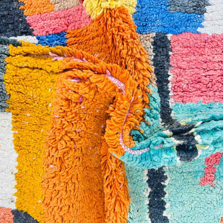 Vintage Moroccan wool rug with colorful abstract Berber geometric design, handmade in Morocco