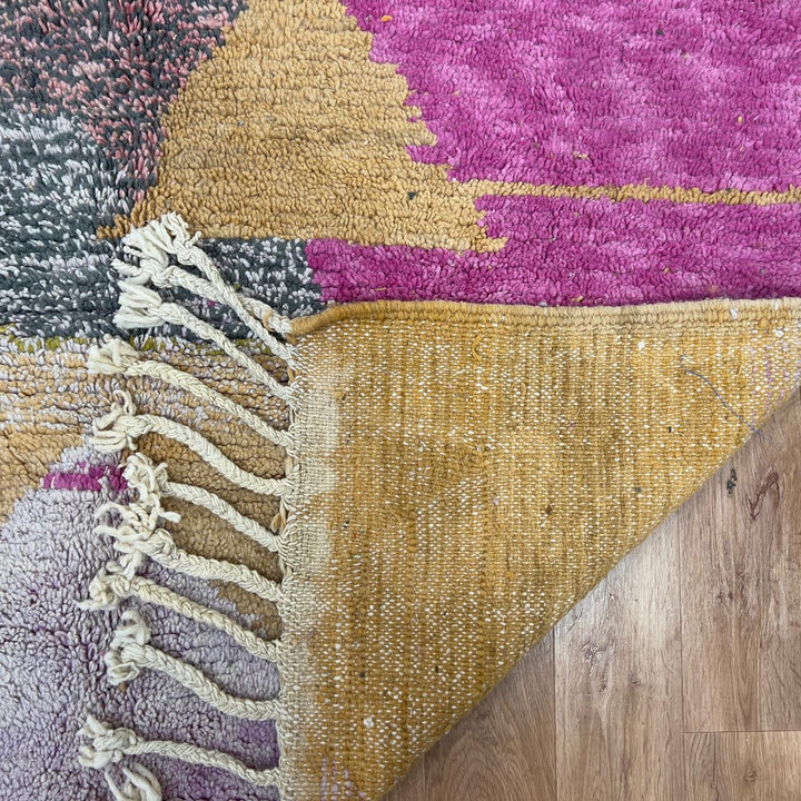 Vintage Moroccan wool rug 8.04x5.35 ft, handmade Berber shag carpet with abstract geometric shapes in beige, pink, green and charcoal tones