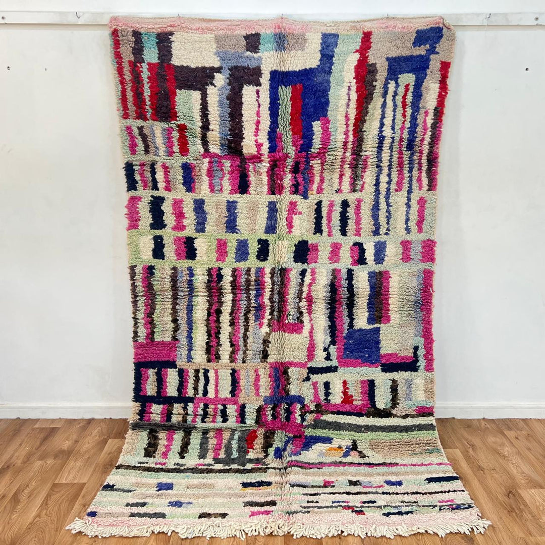 Vintage Moroccan wool rug with colorful abstract grid design, 254x152 cm