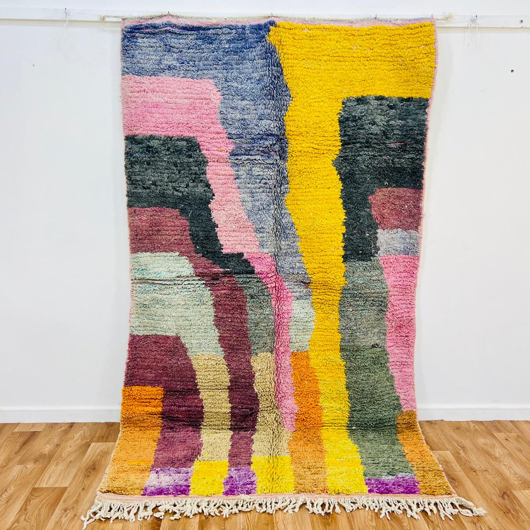 Vintage Moroccan wool rug with abstract color-block design in pink, yellow and green
