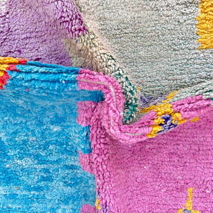 Vintage Moroccan wool rug with colorful Berber geometric patterns, handmade abstract area rug