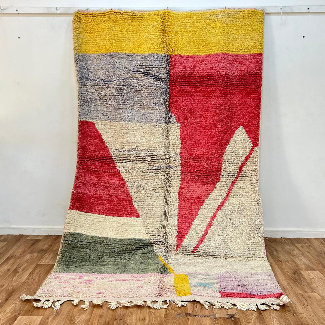 Vintage Moroccan wool rug with abstract Berber design in mustard, red, ivory and green, handmade in Morocco, size 261x160 cm