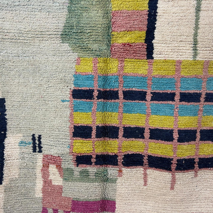 Vintage Moroccan wool rug 8.53x5.68 ft, handmade Berber shag carpet with colorful geometric tribal patterns in brown, pink, blue and mustard tones
