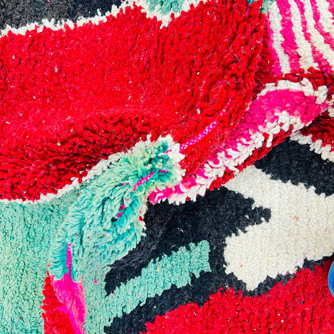 Vintage Moroccan wool rug with colorful abstract Berber patterns, handmade in Morocco