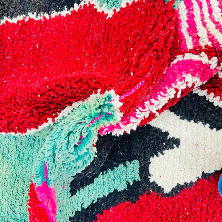 Vintage Moroccan wool rug with colorful abstract Berber patterns, handmade in Morocco
