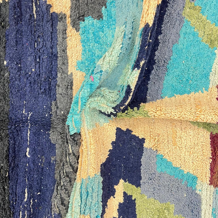 Vintage Moroccan wool rug with abstract Berber design in blue, beige, and magenta, 240x165 cm