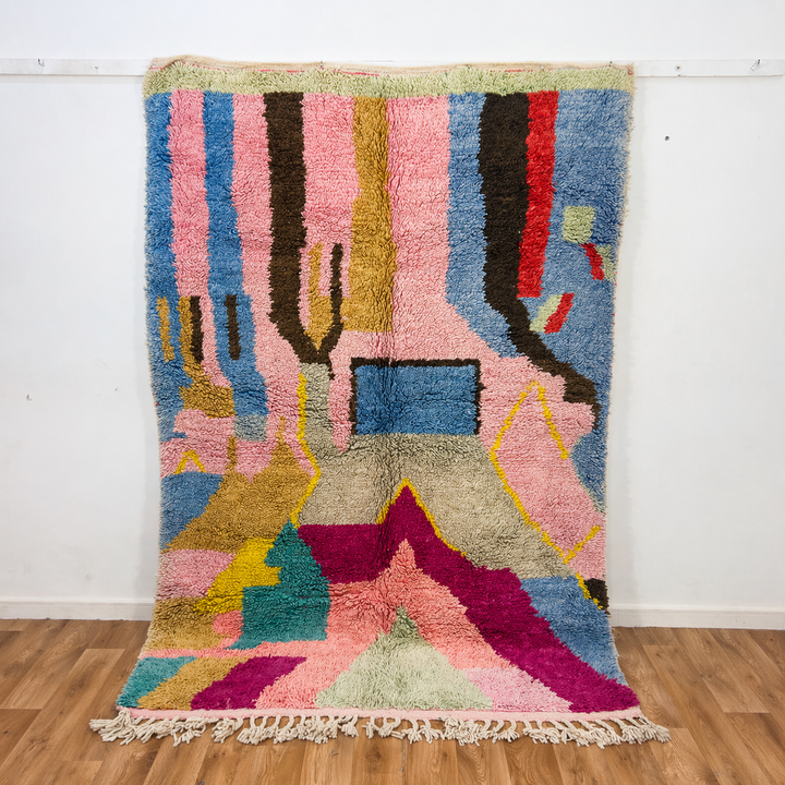 Vintage Moroccan wool rug 7.80x5.35 ft, handmade Berber shag rug with abstract geometric design in pink, grey, beige and burgundy tones