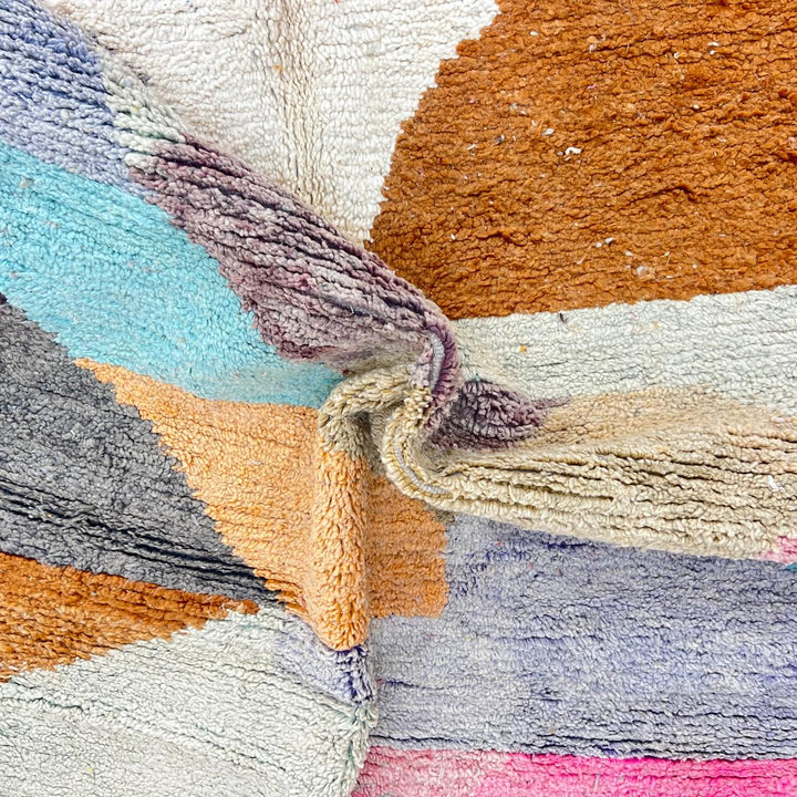 Vintage Moroccan wool rug with pastel geometric blocks in pink, green, blue and caramel
