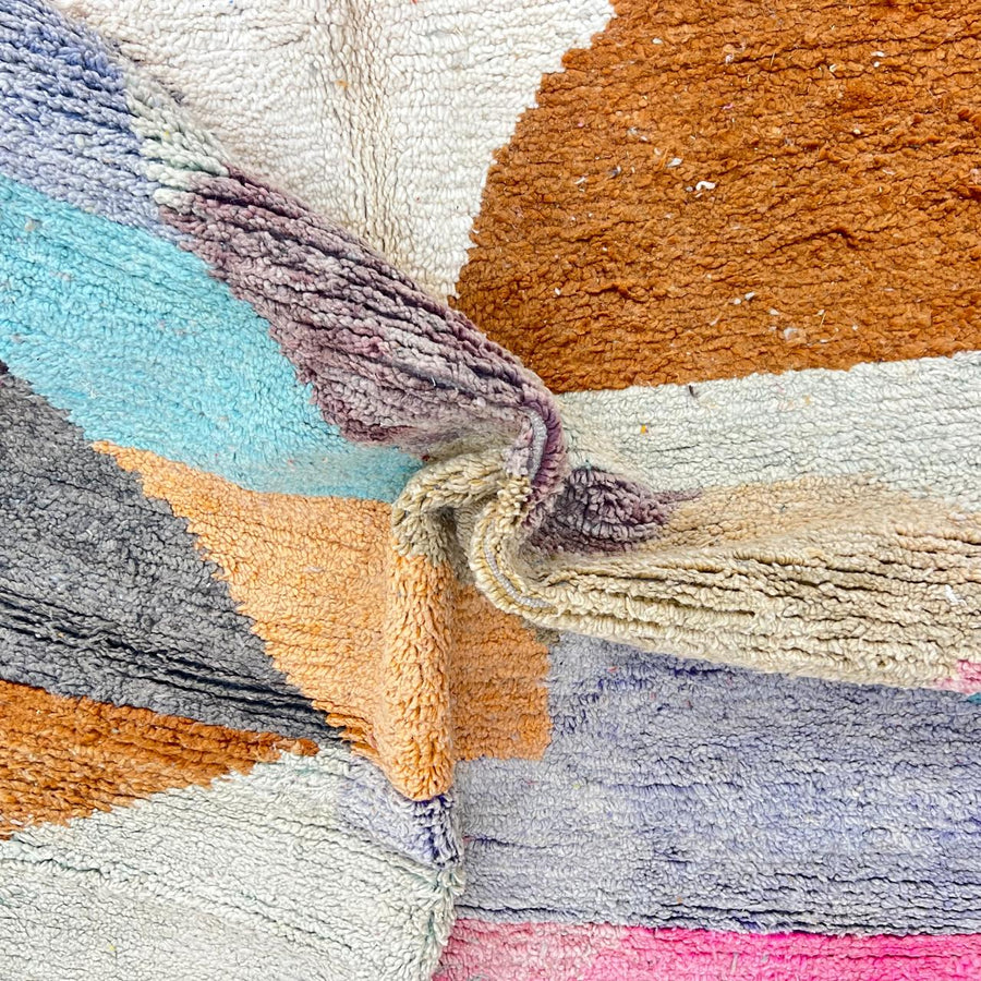 Vintage Moroccan wool rug with pastel geometric blocks in pink, green, blue and caramel