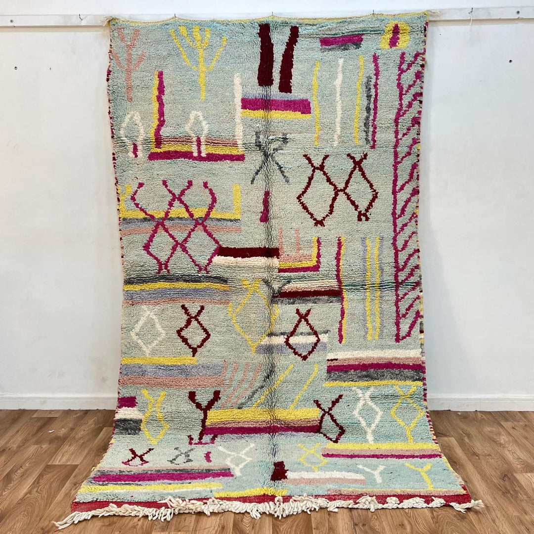 Vintage Moroccan wool rug with abstract Berber symbols in grey, burgundy and mustard, handmade in Morocco, size 253 x 152 cm.