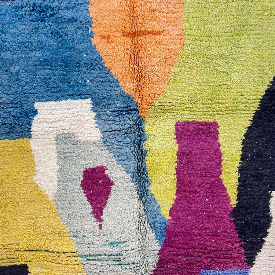 Vintage Moroccan wool rug with abstract color blocks in blue, mustard, sage, burgundy and ivory, handwoven Berber rug 248x146 cm