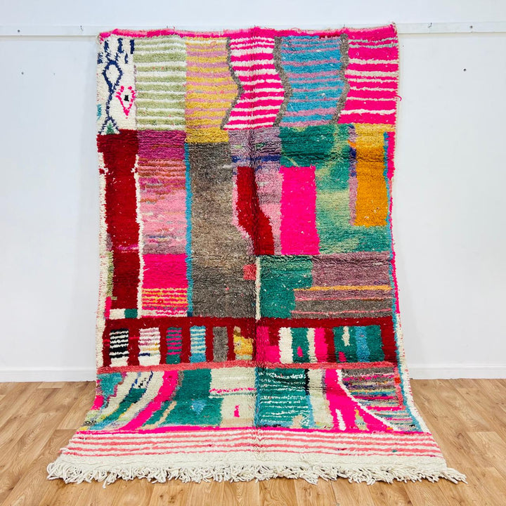 Colorful vintage Moroccan wool rug with patchwork Berber pattern, handmade in Morocco, 262 x 170 cm
