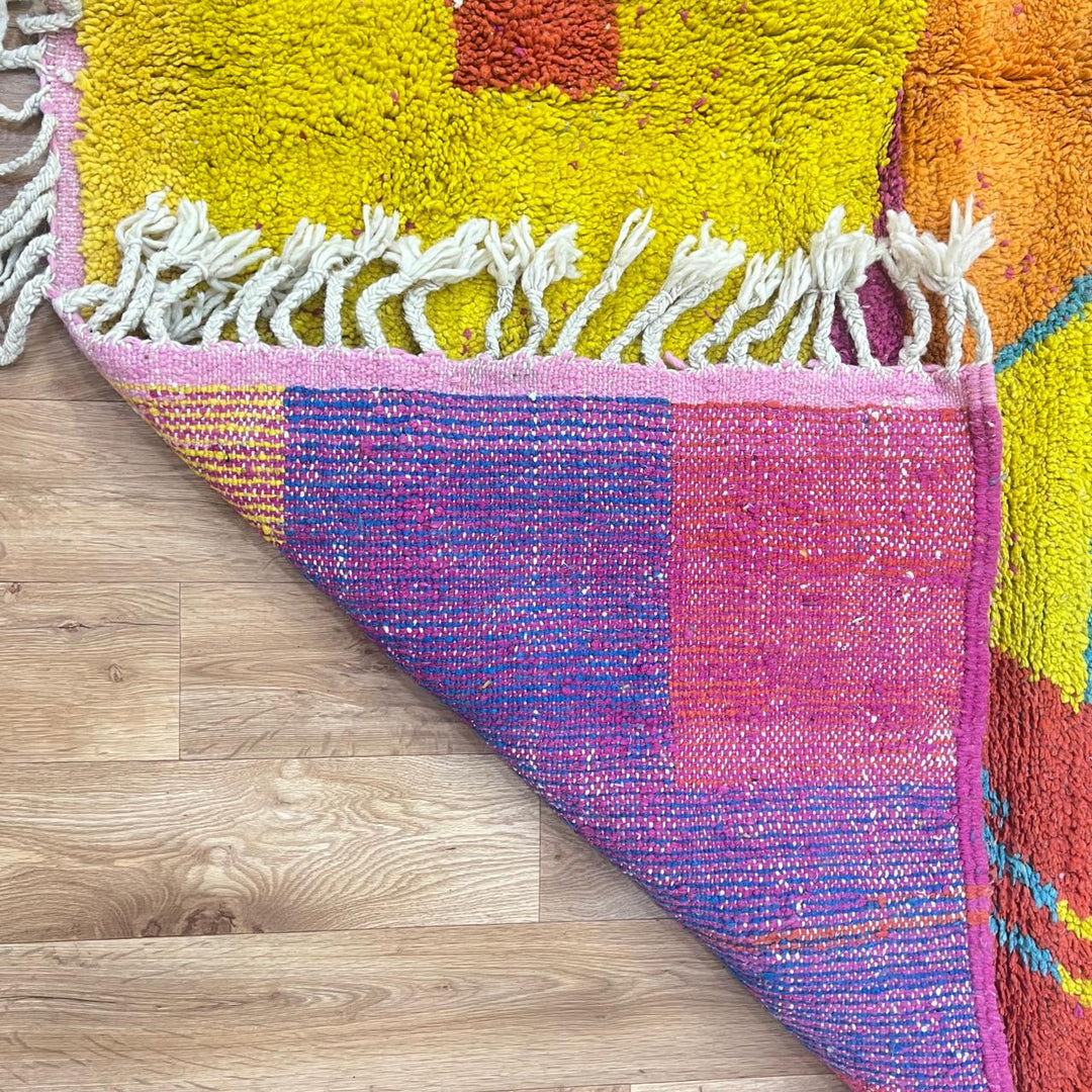 Vintage Moroccan wool rug with colorful abstract Berber geometric pattern, handmade in Morocco