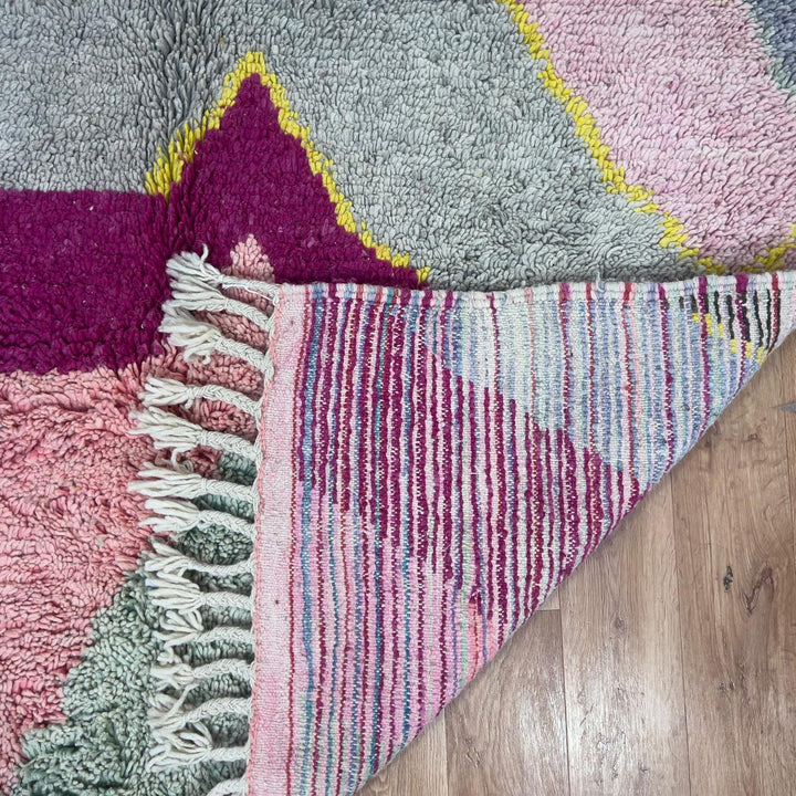 Vintage Moroccan wool rug 7.80x5.35 ft, handmade Berber shag rug with abstract geometric design in pink, grey, beige and burgundy tones