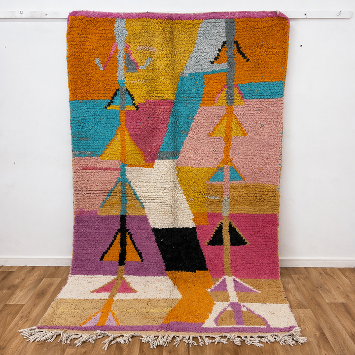 Vintage Moroccan wool rug 8.82x8.79 ft, handmade Berber rug with abstract geometric pattern, colorful shag Moroccan carpet in yellow, pink, turquoise and black tones