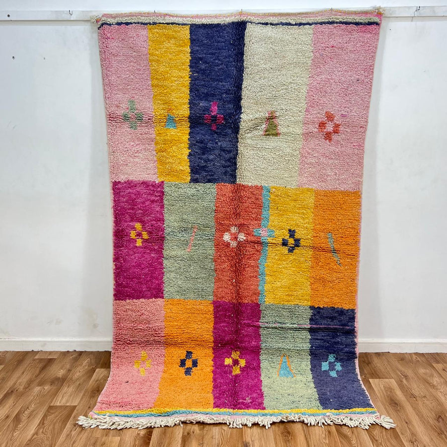 Vintage Moroccan Berber color-block rug in pink mustard and green wool, handmade in Morocco