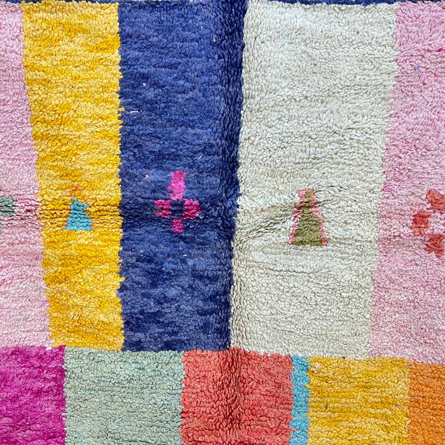 Vintage Moroccan Berber color-block rug in pink mustard and green wool, handmade in Morocco