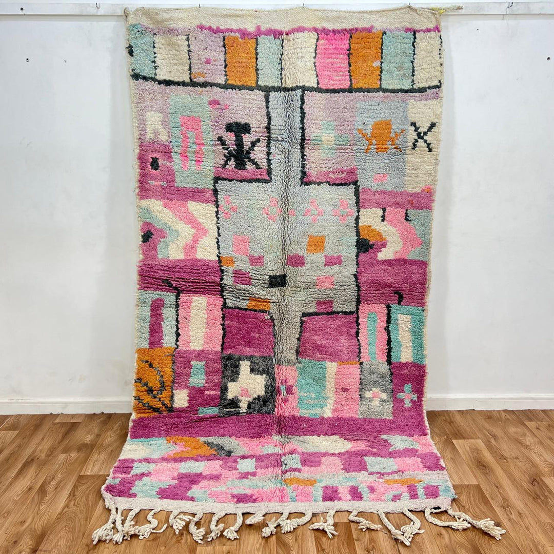 Vintage Moroccan Berber rug with pink abstract block design, handmade in Morocco