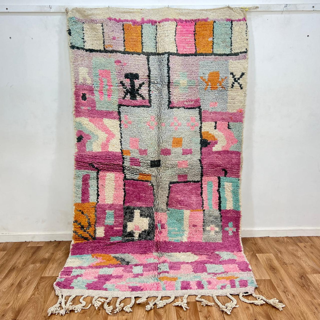 Vintage Moroccan Berber rug with pink abstract block design, handmade in Morocco