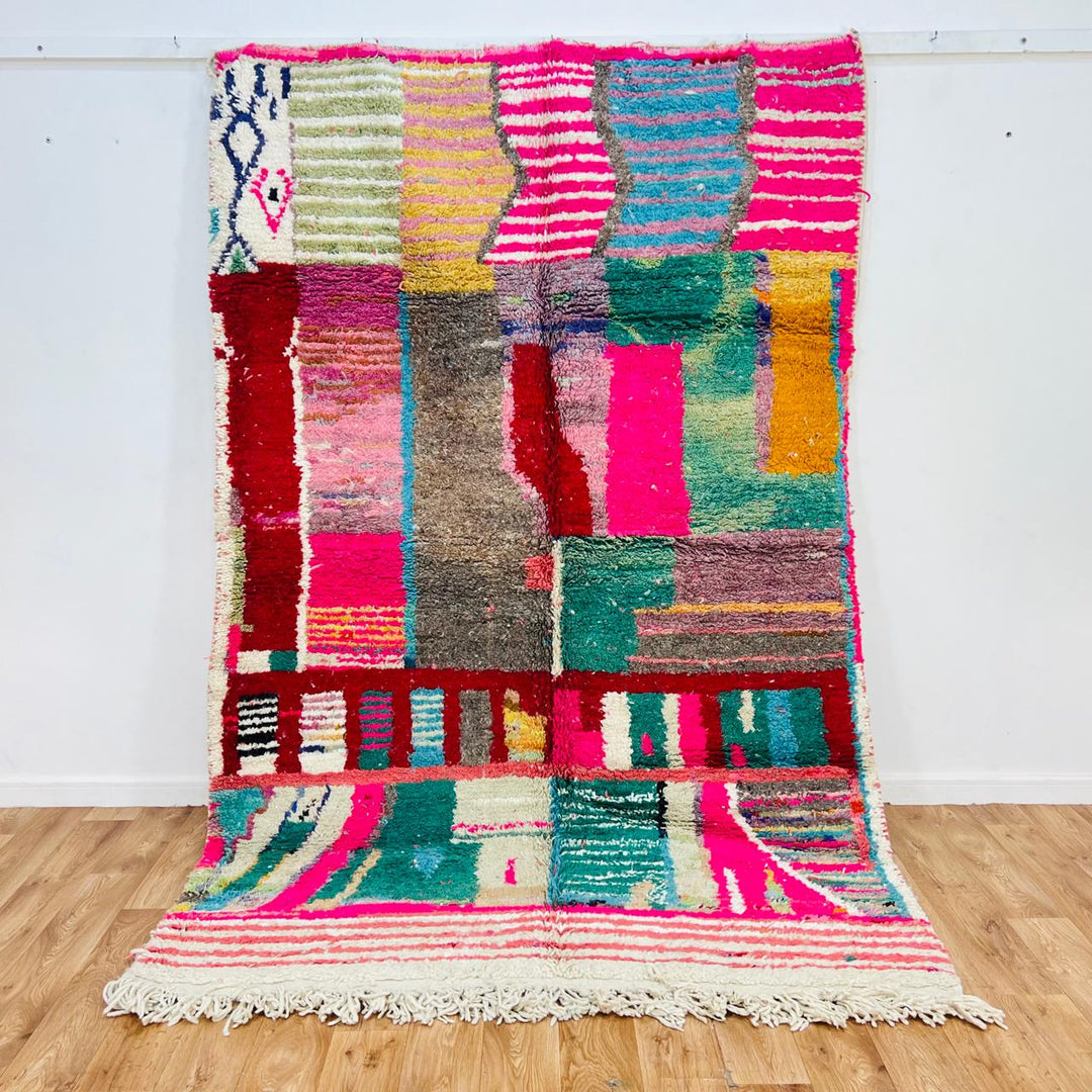 Colorful vintage Moroccan wool rug with patchwork Berber pattern, handmade in Morocco, 262 x 170 cm