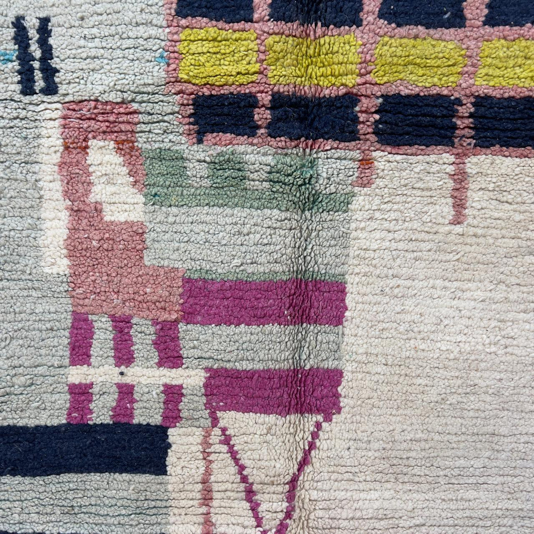 Vintage Moroccan wool rug 8.53x5.68 ft, handmade Berber shag carpet with colorful geometric tribal patterns in brown, pink, blue and mustard tones