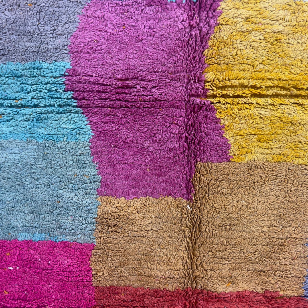 Vintage Moroccan wool rug with colorful patchwork blocks in orange, pink, yellow and blue tones, handmade Berber rug 8.33 x 5.09 ft
