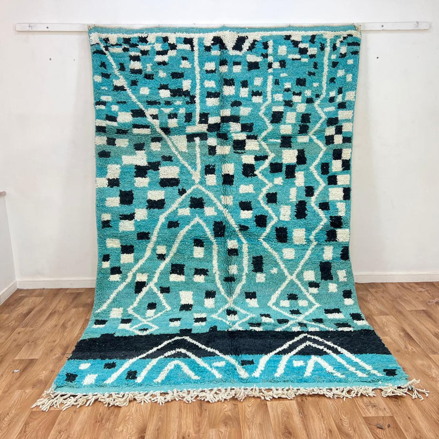 Vintage Moroccan wool rug in turquoise blue with black and ivory Berber geometric patterns