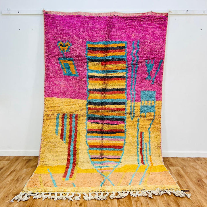 Vintage Moroccan wool rug with colorful abstract Berber pattern, handmade in Morocco