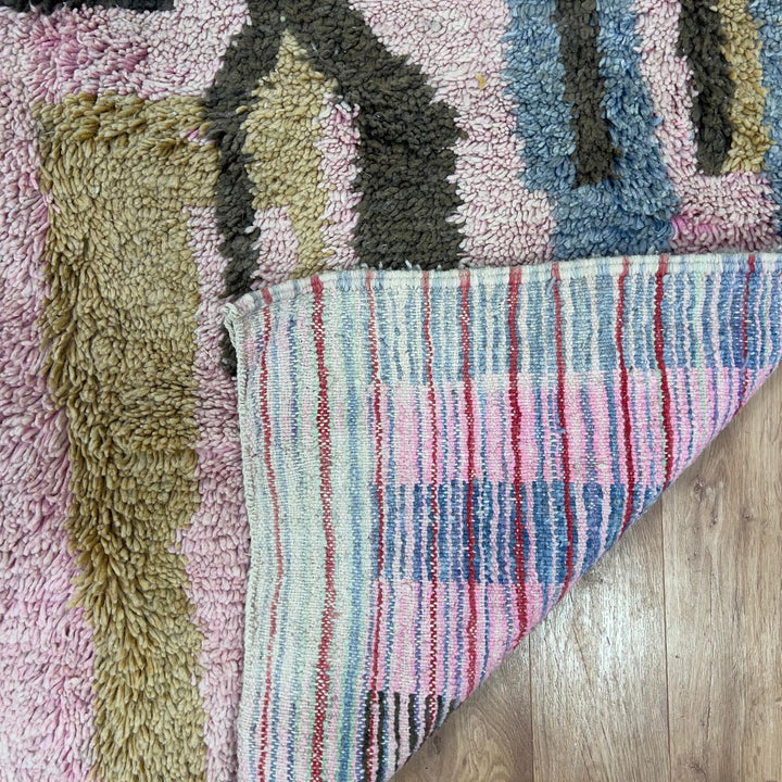 Vintage Moroccan wool rug 7.80x5.35 ft, handmade Berber shag rug with abstract geometric design in pink, grey, beige and burgundy tones
