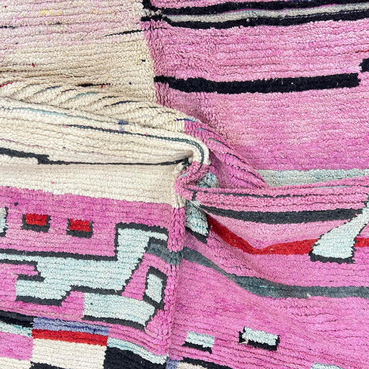 Vintage Moroccan wool rug in soft pink and ivory with abstract Berber lines and geometric motifs, handmade rug 259x159 cm
