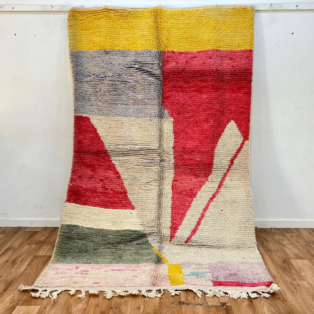 Vintage Moroccan wool rug with abstract Berber design in mustard, red, ivory and green, handmade in Morocco, size 261x160 cm
