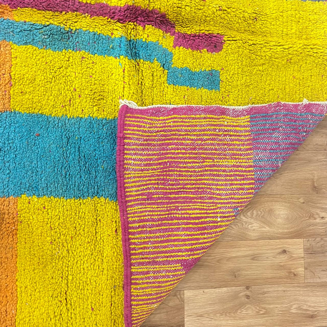 Vintage Moroccan wool rug with colorful abstract Berber geometric pattern, handmade in Morocco