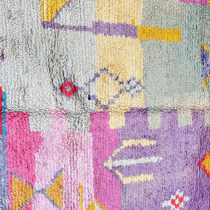 Vintage Moroccan wool rug with colorful Berber geometric patterns, handmade abstract area rug
