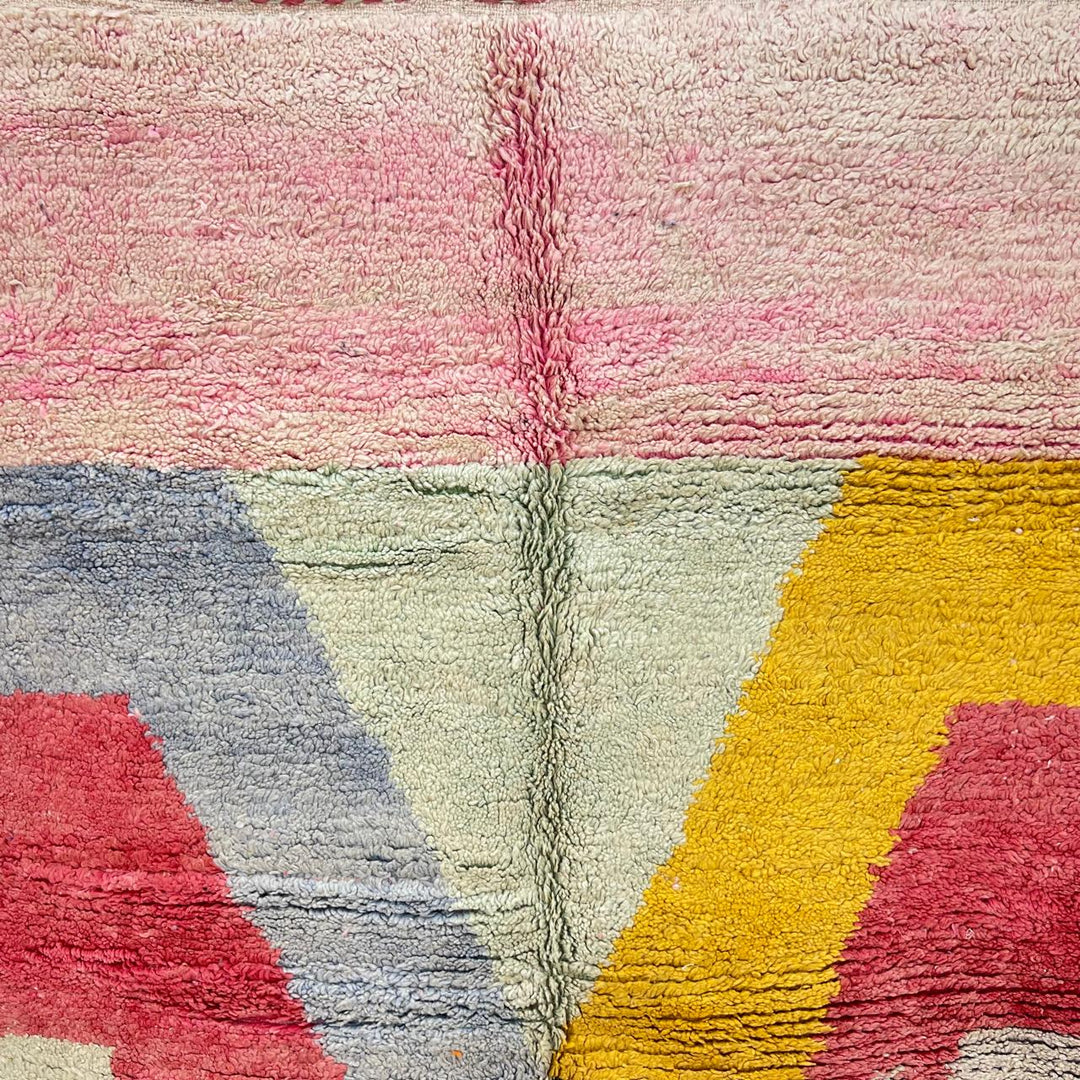 Vintage Moroccan wool rug with abstract Berber pattern in pink, yellow and blue